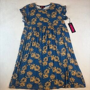 Rock & Roll Girl's Denim Floral Print Dress Casual‎ Short Sleeve XL